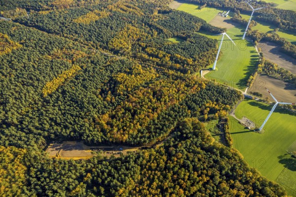 Aerial view, forest area, planned wind turbines, Bergbossendorf, Haltern am See, Ruhr area, North Rhine-Westphalia, Germany