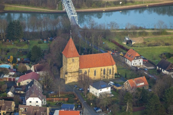 Aerial view of the church St. Maria Magdalena am Stiftsplatz in Flaesheim am Wesel-Datteln-Kanal in Haltern am See in the Ruhr area in North Rhine-Westphalia, Germany, devotional site, DE, Europe, religious community, place of worship, Haltern am See, holy site, church, parish, denomination, aerial view, aerial photograph, aerial photography, aerial photography, North Rhine-Westphalia, religion, religious site, Ruhr area, overview, bird's-eye view, Wesel-Datteln-Kanal, birds-eyes view, overview