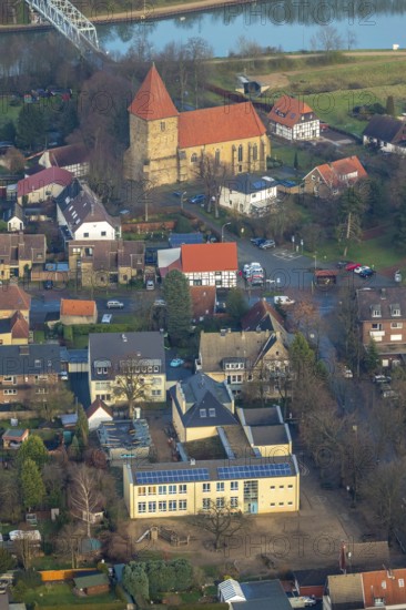 Aerial view of the church St. Maria Magdalena am Stiftsplatz in Flaesheim am Wesel-Datteln-Kanal in Haltern am See in the Ruhr area in North Rhine-Westphalia, Germany, devotional site, DE, Europe, religious community, place of worship, Haltern am See, holy site, church, parish, denomination, aerial view, aerial photograph, aerial photography, aerial photography, North Rhine-Westphalia, religion, religious site, Ruhr area, overview, bird's-eye view, Wesel-Datteln-Kanal, birds-eyes view, overview