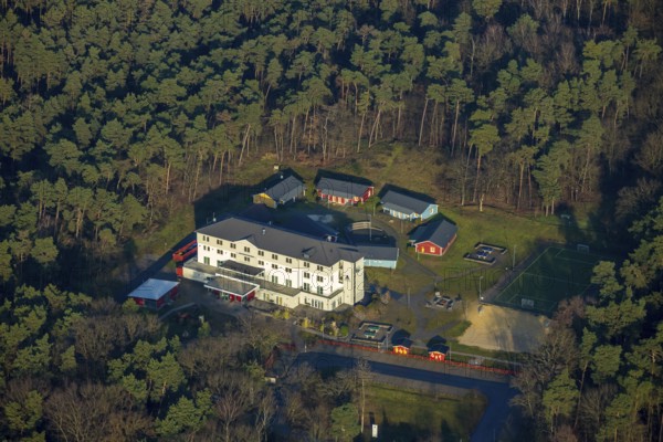 HALTERN AM SEE 16.12.2020 Aerial view of the DJH youth hostel Haltern am See in the wooded area at Stockwieser Damm in the district of Stockwiese in Haltern am See in the Ruhr area in North Rhine-Westphalia, Germany // Aerial view of the DJH youth hostel Haltern am See in the wooded area at Stockwieser Damm in the district of Stockwiese in Haltern am See in the Ruhr area in North Rhine-Westphalia, Germany. Photo: Hans Blossey, aerial photograph, aerial photography, aerial photography, aerial photo, aerofoto, aerial photograph, aerial picture, Europe, Germany, North Rhine-Westphalia, Haltern am See, DE, DJH, gastronomy, youth hostel, Ruhr area, Roman village, overview, accommodation, bird's-eye view, forest area, birds-eyes view, overview, Hullern, // Aerial photo, aerial photograph, aerial photography, aerial photo, aerofoto, aerial image, Europe, North Rhine-Westphalia, gastronomy, youth hostel, Ruhr area, Roman village, accommodation, bird's eye view, forest area