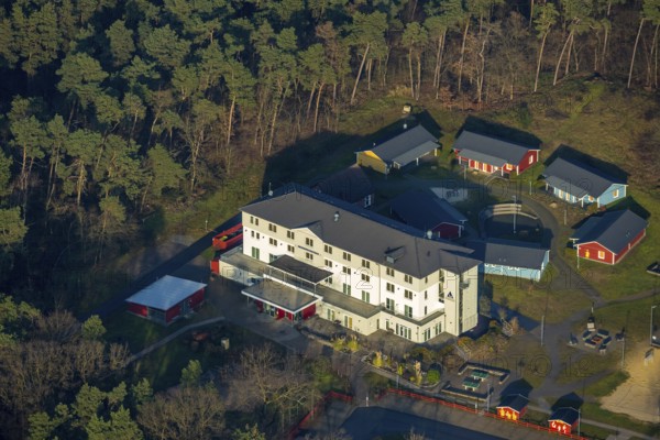 HALTERN AM SEE 16.12.2020 Aerial view of the DJH youth hostel Haltern am See in the wooded area at Stockwieser Damm in the district of Stockwiese in Haltern am See in the Ruhr area in North Rhine-Westphalia, Germany // Aerial view of the DJH youth hostel Haltern am See in the wooded area at Stockwieser Damm in the district of Stockwiese in Haltern am See in the Ruhr area in North Rhine-Westphalia, Germany. Photo: Hans Blossey, aerial photograph, aerial photography, aerial photography, aerial photo, aerofoto, aerial photograph, aerial picture, Europe, Germany, North Rhine-Westphalia, Haltern am See, DE, DJH, gastronomy, youth hostel, Ruhr area, Roman village, overview, accommodation, bird's-eye view, forest area, birds-eyes view, overview, Hullern, // Aerial photo, aerial photograph, aerial photography, aerial photo, aerofoto, aerial image, Europe, North Rhine-Westphalia, gastronomy, youth hostel, Ruhr area, Roman village, accommodation, bird's eye view, forest area