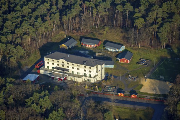 HALTERN AM SEE 16.12.2020 Aerial view of the DJH youth hostel Haltern am See in the wooded area at Stockwieser Damm in the district of Stockwiese in Haltern am See in the Ruhr area in North Rhine-Westphalia, Germany // Aerial view of the DJH youth hostel Haltern am See in the wooded area at Stockwieser Damm in the district of Stockwiese in Haltern am See in the Ruhr area in North Rhine-Westphalia, Germany. Photo: Hans Blossey, aerial photograph, aerial photography, aerial photography, aerial photo, aerofoto, aerial photograph, aerial picture, Europe, Germany, North Rhine-Westphalia, Haltern am See, DE, DJH, gastronomy, youth hostel, Ruhr area, Roman village, overview, accommodation, bird's-eye view, forest area, birds-eyes view, overview, Hullern, // Aerial photo, aerial photograph, aerial photography, aerial photo, aerofoto, aerial image, Europe, North Rhine-Westphalia, gastronomy, youth hostel, Ruhr area, Roman village, accommodation, bird's eye view, forest area