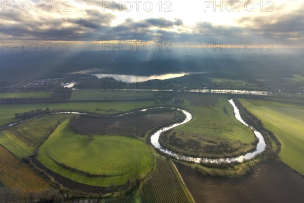 HALTERN AM SEE 16.12.2020 Aerial view Curved meander - loop of the riparian zones on the course of the river Lippe - in Haltern am See in the Ruhr area in the state of North Rhine-Westphalia, Germany // Curved loop of the riparian zones on the course of the river Lippe - in Haltern am See in the state North Rhine-Westphalia, Germany. Photo: Hans Blossey, aerial photograph, aerial photography, aerial photography, aerial photo, aerophoto, aerial photograph, aerial picture, Europe, Germany, North Rhine-Westphalia, Haltern am See, infrastructure, water, river, bank, course, waterway, shipping, navigation, bend, current, connection, level, curve, bend, round, radius, loop, rounding, circle, river loop, meander, // aerial photo, aerial photography, aerial picture, aerial view, air photo, Europe, North Rhine-Westphalia, Infrastructure, water, river, bank, course, waterway, navigation, shipping, bend, flow, connection, level, curve, round, loop, circle