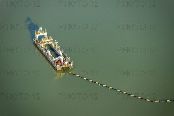 Aerial view of the Silbersee with quartz sand extraction in a forest area in the district Lehmbraken in Haltern am See in the Ruhr area in North Rhine-Westphalia, Germany, motorway A43, swimming lake, boat, DE, Europe, Haltern am See, aerial view, aerial photography, aerial photography, North Rhine-Westphalia, quartz sand extraction, Ruhr area, lake, overview, bird's eye view, forest area, birds-eyes view, overview
