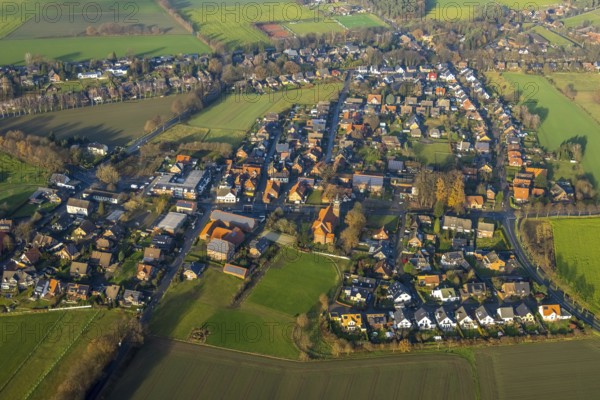 Aerial view of the catholic St.St. Anthony's Church and local view of Lavesum in Haltern am See in the Ruhr area in North Rhine-Westphalia, Germany, place of worship, DE, Europe, religious community, place of worship, property tax, Haltern am See, sacred site, real estate, church, parish, denomination, aerial view, aerial photo, aerial photography, aerial photography, North Rhine-Westphalia, religion, religious site, Ruhr area, overview, bird's-eye view, residential area, living and life, residential area, residential buildings, residential quality, residential neighbourhood, housing estate, birds-eyes view, overview, red roofs