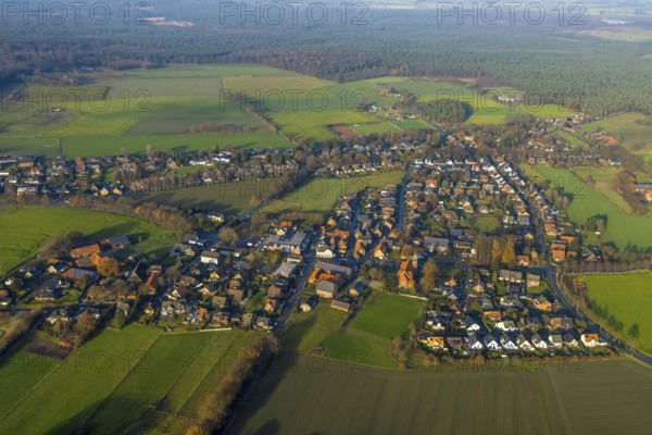 Aerial view of the catholic St.St. Anthony's Church and local view of Lavesum in Haltern am See in the Ruhr area in North Rhine-Westphalia, Germany, place of worship, DE, Europe, religious community, place of worship, property tax, Haltern am See, sacred site, real estate, church, parish, denomination, aerial view, aerial photo, aerial photography, aerial photography, North Rhine-Westphalia, religion, religious site, Ruhr area, overview, bird's-eye view, residential area, living and life, residential area, residential buildings, residential quality, residential neighbourhood, housing estate, birds-eyes view, overview, red roofs