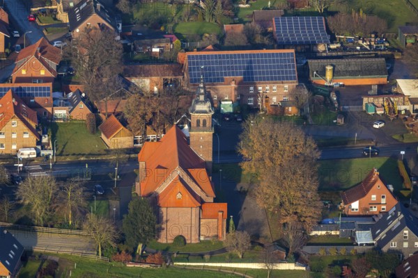 Aerial view of the catholic St.St. Anthony's Church and local view of Lavesum in Haltern am See in the Ruhr area in North Rhine-Westphalia, Germany, place of worship, DE, Europe, religious community, place of worship, property tax, Haltern am See, sacred site, real estate, church, parish, denomination, aerial view, aerial photo, aerial photography, aerial photography, North Rhine-Westphalia, religion, religious site, Ruhr area, overview, bird's-eye view, residential area, living and life, residential area, residential buildings, residential quality, residential neighbourhood, housing estate, birds-eyes view, overview, red roofs