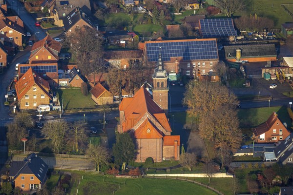 Aerial view of the catholic St.St. Anthony's Church and local view of Lavesum in Haltern am See in the Ruhr area in North Rhine-Westphalia, Germany, place of worship, DE, Europe, religious community, place of worship, property tax, Haltern am See, sacred site, real estate, church, parish, denomination, aerial view, aerial photo, aerial photography, aerial photography, North Rhine-Westphalia, religion, religious site, Ruhr area, overview, bird's-eye view, residential area, living and life, residential area, residential buildings, residential quality, residential neighbourhood, housing estate, birds-eyes view, overview, red roofs