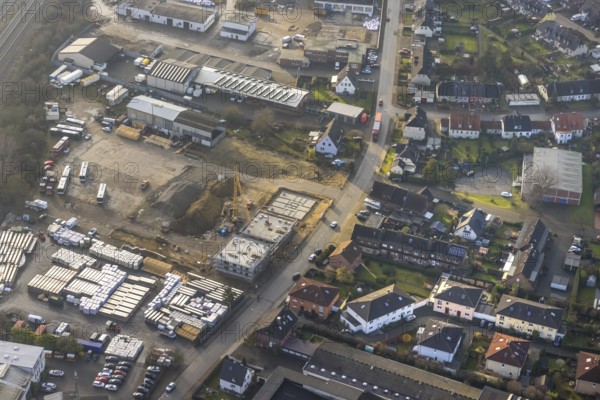 HALTERN AM SEE 16.12.2020 Aerial view of the former Klostermann company site and construction site for the new construction of flats in Annabergstrasse in Haltern-Stadt in Haltern am See in the Ruhr region in North Rhine-Westphalia, Germany // Aerial view of the former Klostermann company site and construction site for the new construction of flats in Annabergstrasse in Haltern-Stadt in Haltern am See in the Ruhr region in North Rhine-Westphalia, Germany. Photo: Hans Blossey, aerial photo, aerial photograph, aerial photography, aerial photography, aerophoto, aerial photograph, aerial picture, Europe, Germany, North Rhine-Westphalia, Haltern am See, Annabergstrasse, construction work, construction, construction area, construction site, building plots, construction crane, construction measure, construction project, construction site, DE, new building, recycling centre, Ruhr area, bird's eye view, living, life, // aerial photo, aerial photography, aerial picture, aerial view, air photo, E...