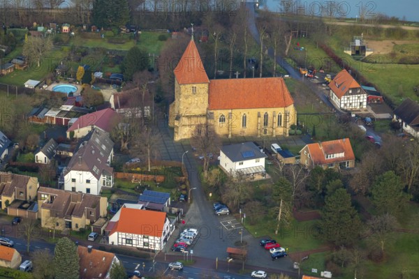 Aerial view of the church St. Maria Magdalena am Stiftsplatz in Flaesheim am Wesel-Datteln-Kanal in Haltern am See in the Ruhr area in North Rhine-Westphalia, Germany, devotional site, DE, Europe, religious community, place of worship, Haltern am See, holy site, church, parish, denomination, aerial view, aerial photograph, aerial photography, aerial photography, North Rhine-Westphalia, religion, religious site, Ruhr area, overview, bird's-eye view, Wesel-Datteln-Kanal, birds-eyes view, overview