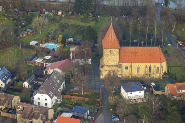 Aerial view of the church St. Maria Magdalena am Stiftsplatz in Flaesheim am Wesel-Datteln-Kanal in Haltern am See in the Ruhr area in North Rhine-Westphalia, Germany, devotional site, DE, Europe, religious community, place of worship, Haltern am See, holy site, church, parish, denomination, aerial view, aerial photograph, aerial photography, aerial photography, North Rhine-Westphalia, religion, religious site, Ruhr area, overview, bird's-eye view, Wesel-Datteln-Kanal, birds-eyes view, overview