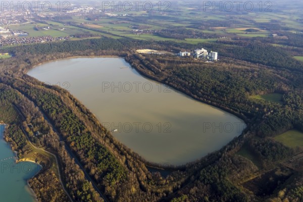 Aerial view of Silbersee III with Quarzwerke GmbH - Haltern plant for quartz sand extraction in the Lehmbraken district in the forest area in Haltern am See in the Ruhr area in North Rhine-Westphalia, Germany, DE, Europe, commercial enterprises, commercial area, commercial park, commercial location, commercial use, Haltern am See, industrial area, industrial building, industrial site, aerial view, aerial photograph, aerial photography, aerial photography, North Rhine-Westphalia, quartz sand extraction, Ruhr area, lake, overview, bird's-eye view, forest area, birds-eyes view, overview