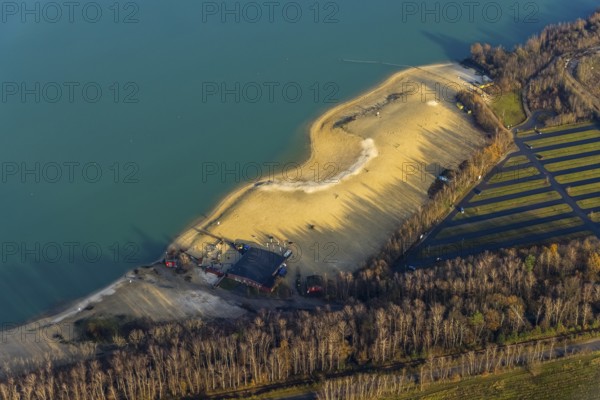 Aerial view of the bathing beach at Silbersee II in the district Lehmbraken in Haltern am See in the Ruhr area in North Rhine-Westphalia, Germany, bathing lake, DE, Europe, Haltern am See, aerial view, aerial photograph, aerial photography, aerial photography, North Rhine-Westphalia, quartz sand extraction, Ruhr area, lake, overview, bird's-eye view, overview