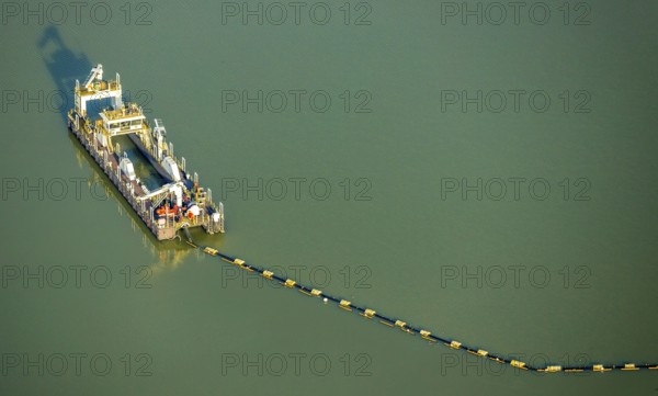 Aerial view of the Silbersee with quartz sand extraction in a forest area in the district Lehmbraken in Haltern am See in the Ruhr area in North Rhine-Westphalia, Germany, motorway A43, swimming lake, boat, DE, Europe, Haltern am See, aerial view, aerial photography, aerial photography, North Rhine-Westphalia, quartz sand extraction, Ruhr area, lake, overview, bird's eye view, forest area, birds-eyes view, overview