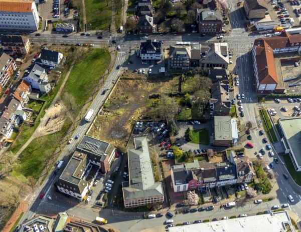 Aerial view, former wooded area at Südring between Bergamt and Commerzbank, new building plots, Hamm, Ruhr area, North Rhine-Westphalia, Germany, DE, Europe, birds-eyes, view, aerial photograph, aerial photography, aerial photography, overview, overview, bird's eye view, building, building area, building planning, building plots
