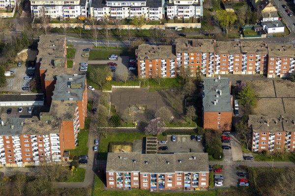 Aerial view, housing estate between Nordenstiftsweg, Rheinsberger Platz, Ruppiner Straße, Kommersch with city gardens, raised beds, Hamm, Ruhr area, North Rhine-Westphalia, Germany, DE, Europe, birds-eyes, view, aerial photograph, aerial photography, aerial photography, overview, overview, bird's eye view, living, flat, houses, residential buildings, housing estate, settlement