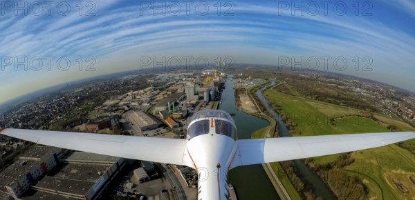 Aerial photo, Hammer harbour, Jeckering, Olmühle Brökelmann, Brölio, photo from the tail of an aircraft over the city, Hamm, Ruhr area, North Rhine-Westphalia, Germany, DE, Europe, birds-eyes, view, aerial photography, aerial photography, overview, bird's eye view