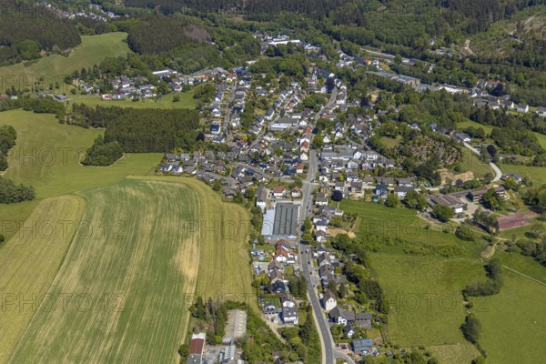 Aerial view, local view Oberbrügge, Natürlich Wohnen Massivholzmöbel GmbH, Evangelical Church Oberbrügge, Halver, Märkischer Kreis, Sauerland, North Rhine-Westphalia, Germany, place of worship, DE, Europe, religious community, church, parish, denomination, aerial view, aerial photography, aerial photography, aerial photography, religion, overview, bird's-eye view, forest area, living and life, birds-eyes view, overview