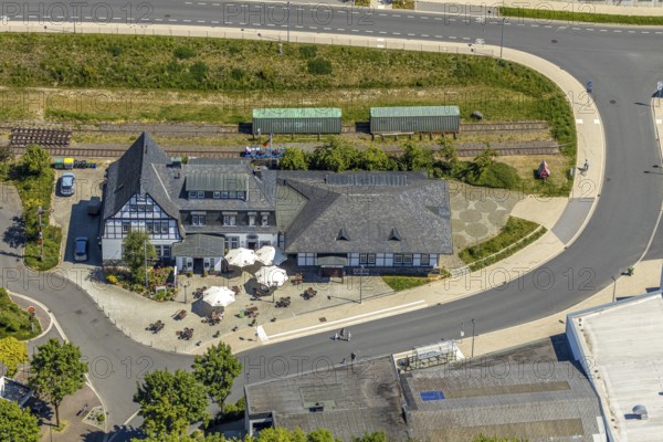 Aerial view, Brasserie Kulturbahnhof, Halver, Märkischer Kreis, Sauerland, North Rhine-Westphalia, Germany, railway tracks, Bahnhofstraße, beer garden, Corona measures, DE, Europe, inn, gastronomy, aerial photography, aerial photography, aerial photography, restaurant, overview, bird's eye view, birds-eyes view, overview