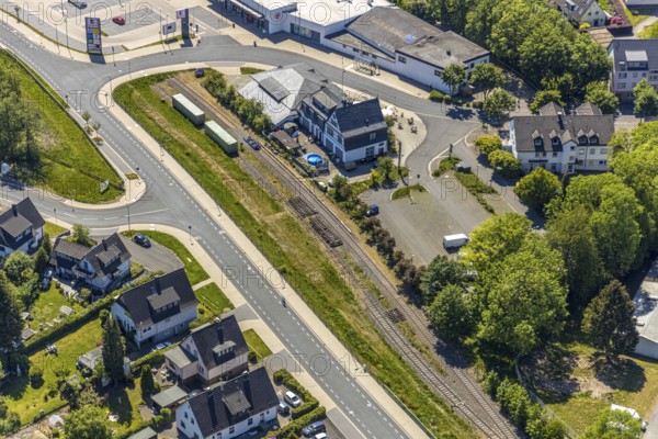 Aerial view, Brasserie Kulturbahnhof, Halver, Märkischer Kreis, Sauerland, North Rhine-Westphalia, Germany, railway tracks, Bahnhofstraße, beer garden, Corona measures, DE, Europe, inn, gastronomy, aerial photography, aerial photography, aerial photography, restaurant, overview, bird's eye view, birds-eyes view, overview