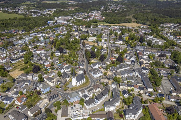 Aerial view, evang. Nicolai church, town centre, Halver, Märkischer Kreis, Sauerland, North Rhine-Westphalia, Germany, place of worship, DE, Europe, religious community, place of worship, property tax, real estate, church, parish, church square, denomination, roundabout, aerial photograph, aerial photography, aerial photography, town centre, religion, overview, bird's-eye view, residential complex, living and life, residential area, residential buildings, birds-eyes view, overview