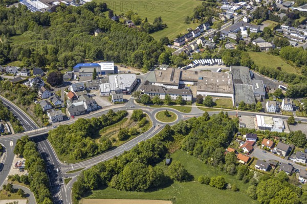Aerial view, commercial area Langenscheid on the B229, Halver, Märkischer Kreis, Sauerland, North Rhine-Westphalia, Germany, bridge, federal road B229, DE, Europe, commercial enterprises, commercial area, commercial location, commercial use, roundabout, aerial view, aerial photography, aerial photography, overview, bird's-eye view, overview