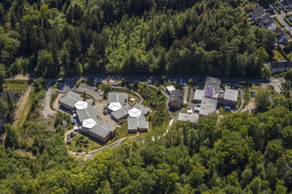 Aerial view, residential community Haus Waldfrieden, Halver, Märkischer Kreis, Sauerland, North Rhine-Westphalia, Germany, DE, Europe, residential community, aerial view, aerial photography, aerial photography, overview, bird's eye view, forest area, living and living, Zum Hälversprung, birds-eyes view, living together, overview
