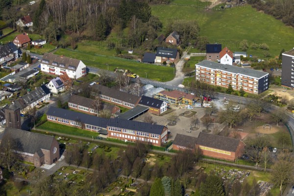 Aerial view, new extension for the OGS open all-day school of the Johannesschule, Hamm, Ruhr area, North Rhine-Westphalia, Germany, DE, Europe, birds-eyes, view, aerial photography, aerial photography, overview, overview, bird's eye view, education, pupils, college, training, school year, homework, class, year group, education, pedagogy