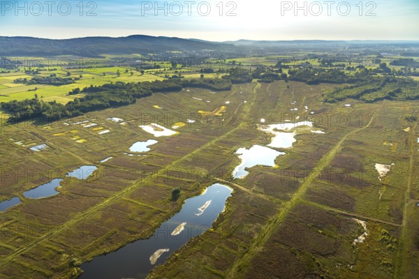 Aerial photo, Großes Torfmoor, Gehlenbeck, Hille, Lübbecke, Ostwestfalen-Lippe, OWL, North Rhine-Westphalia, Germany, DE, Europe, Hiller Moor, raised bog, aerial photo, aerial photography, aerial photography, moor, nature reserve Großes Torfmoor, Nettelstedter Moor, OWL book, OWL book, Ostwestfalen book, Torfmoor Lübbecke, overview, bird's eye view, birds-eyes view, overview