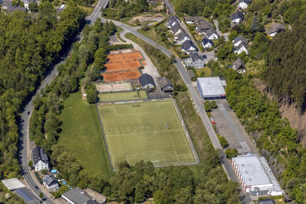 Aerial view, sports field FC Kirchhundem 1946, tennis court TC Rot-Weiß Kirchhundem, Kirchhundem, Sauerland, North Rhine-Westphalia, Germany, DE, Europe, football pitch, football stadium, football club, aerial view, aerial photography, aerial photography, Rewe Kaufpark, sports, sports facilities, sports field, sports facility, tennis, tennis facility, tennis courts, tennis club, overview, bird's-eye view, overview
