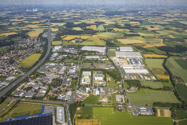 Aerial photo, Rhynern industrial estate on the A2 motorway, Rhynern, Hamm, Ruhr area, North Rhine-Westphalia, Germany, DE, Europe, birds-eyes view, aerial photo, aerial photography, aerial photography, overview, bird's eye view
