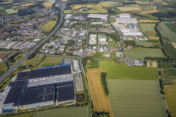 Aerial photo, Rhynern industrial estate on the A2 motorway, Rhynern, Hamm, Ruhr area, North Rhine-Westphalia, Germany, DE, Europe, birds-eyes view, aerial photo, aerial photography, aerial photography, overview, bird's eye view