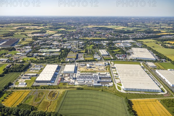 Aerial photo, Rhynern industrial estate on the A2 motorway, Rhynern, Hamm, Ruhr area, North Rhine-Westphalia, Germany, DE, Europe, birds-eyes view, aerial photo, aerial photography, aerial photography, overview, bird's eye view