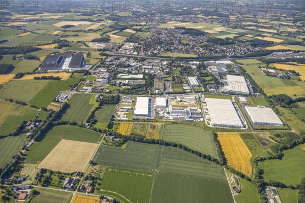 Aerial photo, Rhynern industrial estate on the A2 motorway, Rhynern, Hamm, Ruhr area, North Rhine-Westphalia, Germany, DE, Europe, birds-eyes view, aerial photo, aerial photography, aerial photography, overview, bird's eye view