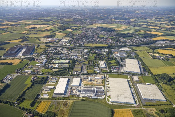 Aerial photo, Rhynern industrial estate on the A2 motorway, Rhynern, Hamm, Ruhr area, North Rhine-Westphalia, Germany, DE, Europe, birds-eyes view, aerial photo, aerial photography, aerial photography, overview, bird's eye view