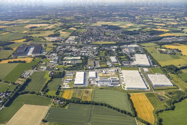 Aerial photo, Rhynern industrial estate on the A2 motorway, Rhynern, Hamm, Ruhr area, North Rhine-Westphalia, Germany, DE, Europe, birds-eyes view, aerial photo, aerial photography, aerial photography, overview, bird's eye view
