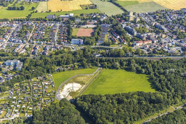 Aerial view, rainwater retention basin of the Lippeverband at the Kamener Straße, Wiescherhöfen, Hamm, Ruhr area, North Rhine-Westphalia, Germany, DE, Europe, birds-eyes view, aerial photography, aerial photography, overview, bird's eye view
