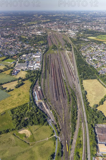 Aerial view, marshalling yard, freight yard Hamm, Lohauserholz, Hamm, Ruhr area, North Rhine-Westphalia, Germany, DE, Europe, birds-eyes view, aerial view, aerial photography, aerial photography, overview, bird's eye view, tracks, DB, German Federal Railways, freight traffic, logistics, formerly largest freight yard in Europe