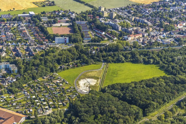 Aerial view, rainwater retention basin of the Lippeverband at the Kamener Straße, Wiescherhöfen, Hamm, Ruhr area, North Rhine-Westphalia, Germany, DE, Europe, birds-eyes view, aerial photography, aerial photography, overview, bird's eye view