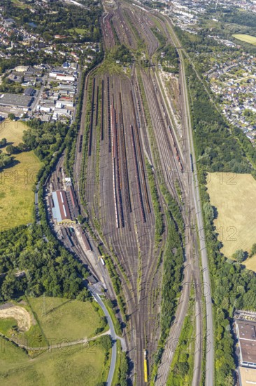 Aerial view, marshalling yard, freight yard Hamm, Lohauserholz, Hamm, Ruhr area, North Rhine-Westphalia, Germany, DE, Europe, birds-eyes view, aerial view, aerial photography, aerial photography, overview, bird's eye view, tracks, DB, German Federal Railways, freight traffic, logistics, formerly largest freight yard in Europe