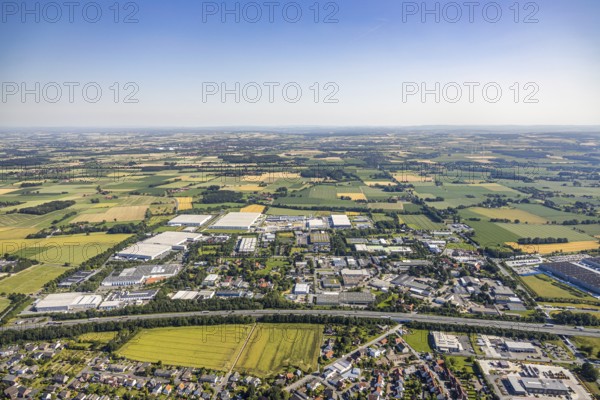 Aerial photo, Rhynern industrial estate on the A2 motorway, Rhynern, Hamm, Ruhr area, North Rhine-Westphalia, Germany, DE, Europe, birds-eyes view, aerial photo, aerial photography, aerial photography, overview, bird's eye view