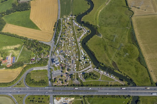 Aerial photo, A2 motorway, junction 19 Hamm-Uentrop, campsite on the Lippe, Hamm, Ruhr area, North Rhine-Westphalia, Germany, DE, Europe, birds-eyes, view, aerial photo, aerial photography, aerial photography, overview, overview, bird's eye view, Lippe, transport, traffic, infrastructure, logistics, road traffic, waterway, shipping traffic, goods traffic, ships, waters, overnight stay, camping, leisure, recreation, holidays, holiday, motorhome site