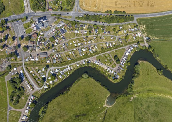 Aerial view, campsite on the Lippe, Lippborg, Lippetal, Ruhr area, North Rhine-Westphalia, Germany, DE, Europe, birds-eyes, view, aerial photography, aerial photography, overview, bird's eye view, Lippe, waterway, shipping traffic, transport, logistics, goods movement, ships, waters, overnight stay, camping, leisure, recreation, holidays, holiday, motorhome site