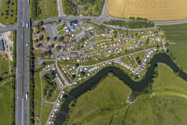 Aerial photo, A2 motorway, junction 19 Hamm-Uentrop, campsite on the Lippe, Hamm, Ruhr area, North Rhine-Westphalia, Germany, DE, Europe, birds-eyes, view, aerial photo, aerial photography, aerial photography, overview, overview, bird's eye view, Lippe, transport, traffic, infrastructure, logistics, road traffic, waterway, shipping traffic, goods traffic, ships, waters, overnight stay, camping, leisure, recreation, holidays, holiday, motorhome site