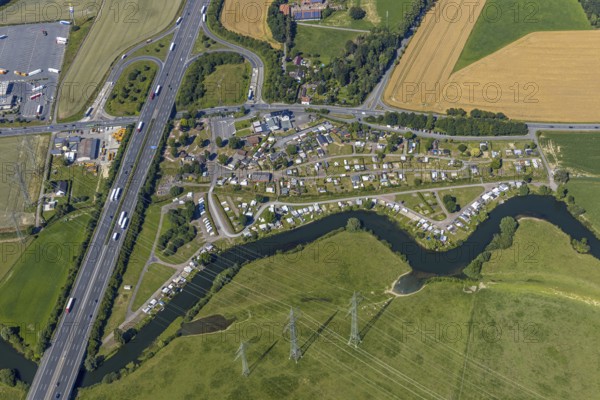 Aerial photo, A2 motorway, junction 19 Hamm-Uentrop, campsite on the Lippe, Hamm, Ruhr area, North Rhine-Westphalia, Germany, DE, Europe, birds-eyes, view, aerial photo, aerial photography, aerial photography, overview, overview, bird's eye view, Lippe, transport, traffic, infrastructure, logistics, road traffic, waterway, shipping traffic, goods traffic, ships, waters, overnight stay, camping, leisure, recreation, holidays, holiday, motorhome site
