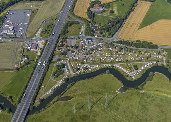 Aerial photo, A2 motorway, junction 19 Hamm-Uentrop, campsite on the Lippe, Hamm, Ruhr area, North Rhine-Westphalia, Germany, DE, Europe, birds-eyes, view, aerial photo, aerial photography, aerial photography, overview, overview, bird's eye view, Lippe, transport, traffic, infrastructure, logistics, road traffic, waterway, shipping traffic, goods traffic, ships, waters, overnight stay, camping, leisure, recreation, holidays, holiday, motorhome site