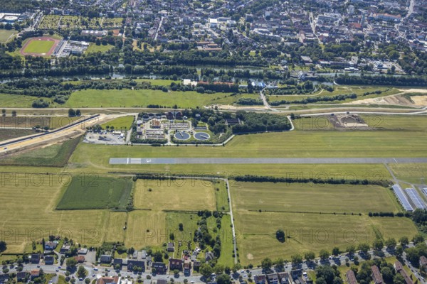 Aerial photo, construction site, Lippe floodplain, Datteln-Hamm Canal, EDLH airfield, Hamm, Ruhr area, North Rhine-Westphalia, Germany, DE, Europe, birds-eyes, view, aerial photo, aerial photography, aerial photography, overview, overview, bird's eye view, Lippe, Hamm-Datteln Canal, waterway, shipping traffic, transport, logistics, goods movement, ships, waters, airfield, flying, air sports, leisure, pilot