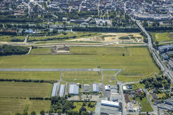 Aerial photo, construction site, Lippe floodplain, Datteln-Hamm Canal, EDLH airfield, Hamm, Ruhr area, North Rhine-Westphalia, Germany, DE, Europe, birds-eyes, view, aerial photo, aerial photography, aerial photography, overview, overview, bird's eye view, Lippe, Hamm-Datteln Canal, waterway, shipping traffic, transport, logistics, goods movement, ships, waters, airfield, flying, air sports, leisure, pilot