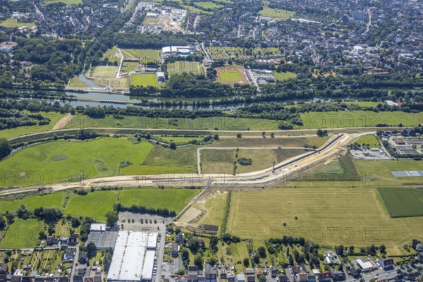 Aerial view, Lippe meadows, construction site new sheet pile wall, flood protection, Datteln-Hamm canal, Lippe, Bad Hamm, Hamm, Ruhr area, North Rhine-Westphalia, Germany, DE, Europe, birds-eyes, view, aerial photography, aerial photography, aerial photography, overview, overview, bird's eye view, flood, water management, waterway, shipping, transport, logistics, goods movement, ships, waters