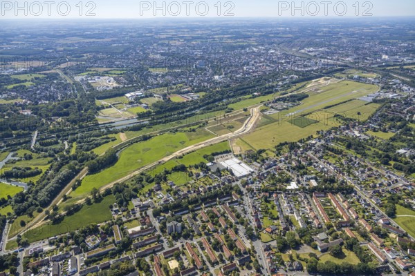 Aerial photo, construction site, Lippe floodplain, Datteln-Hamm Canal, EDLH airfield, Hamm, Ruhr area, North Rhine-Westphalia, Germany, DE, Europe, birds-eyes, view, aerial photo, aerial photography, aerial photography, overview, overview, bird's eye view, Lippe, Hamm-Datteln Canal, waterway, shipping traffic, transport, logistics, goods movement, ships, waters, airfield, flying, air sports, leisure, pilot